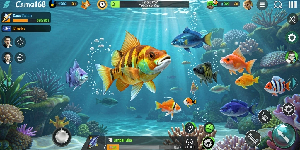Tampilan screenshot game Tembak Ikan CANVA168 yang seru dan mendebarkan.