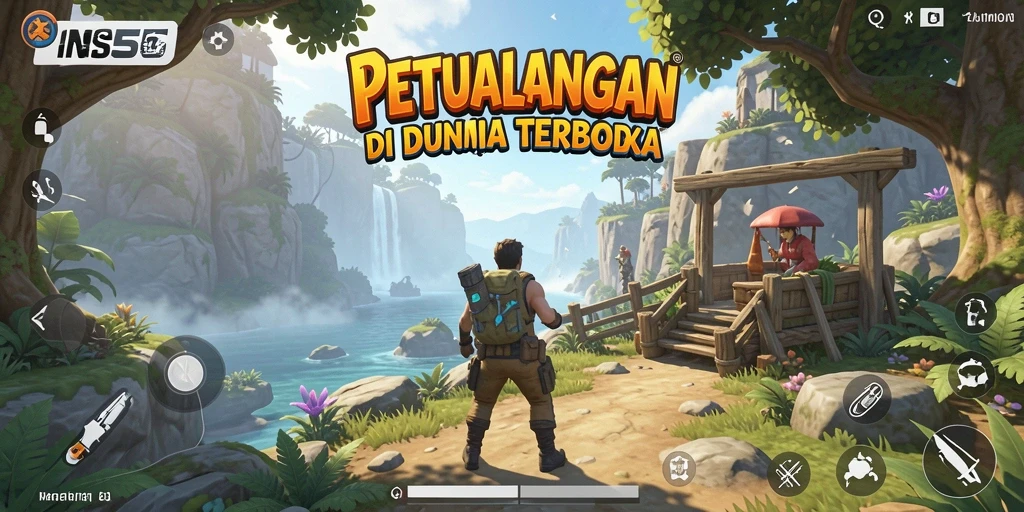 Screenshot gameplay INS55 menampilkan petualangan di dunia terbuka.