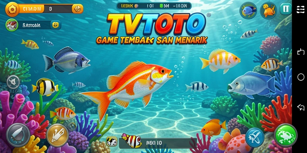 Screenshot utama TVTOTO menampilkan pemain sedang menembak ikan di laut.