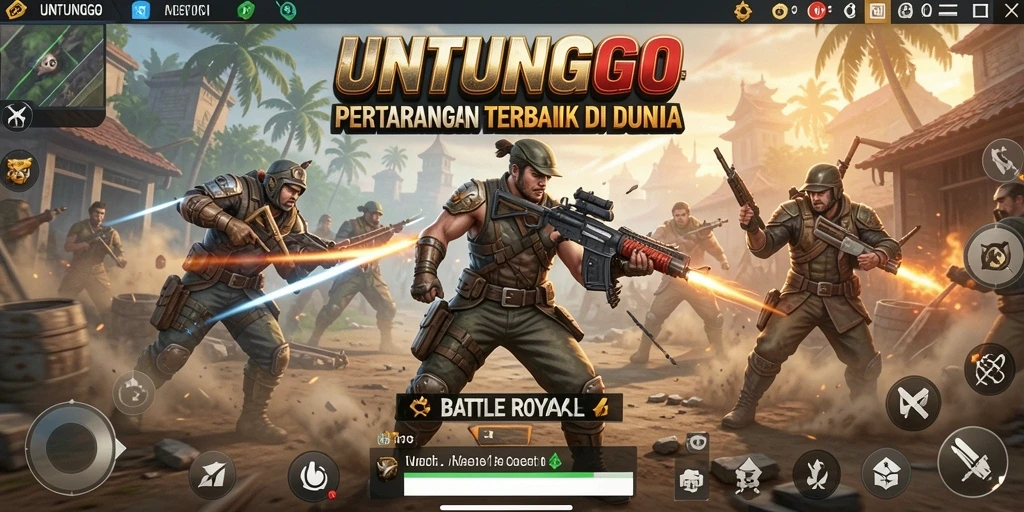 Tangkapan layar utama UNTUNGGO yang menampilkan aksi seru di medan perang Battle Royale.